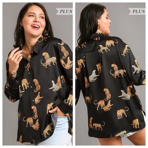 Umgee Satin Animal Button Down Top with Adjustable Sleeves - Plus
